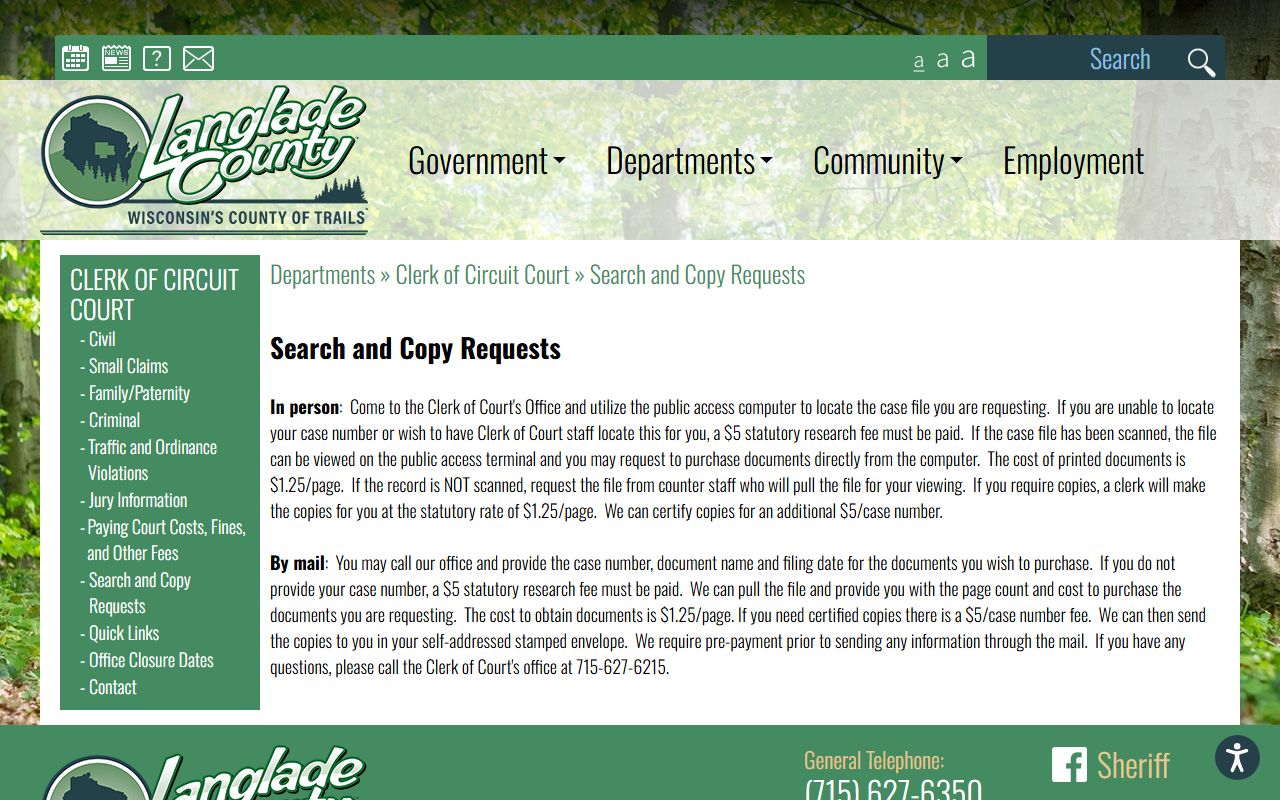 Langlade County court records after arrest Clerk copy request page
