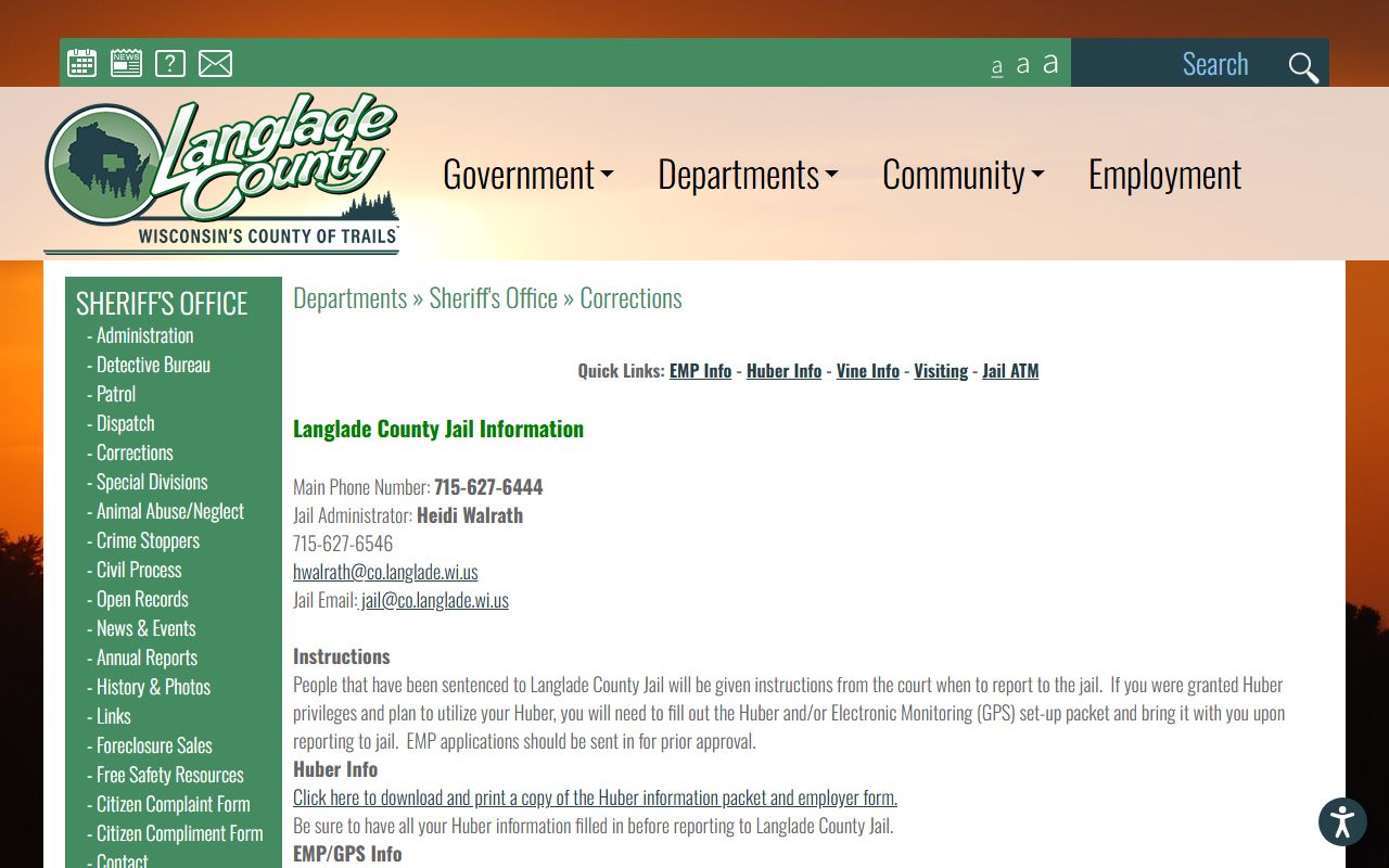 Langlade County jail corrections page for inmate population and custody search
