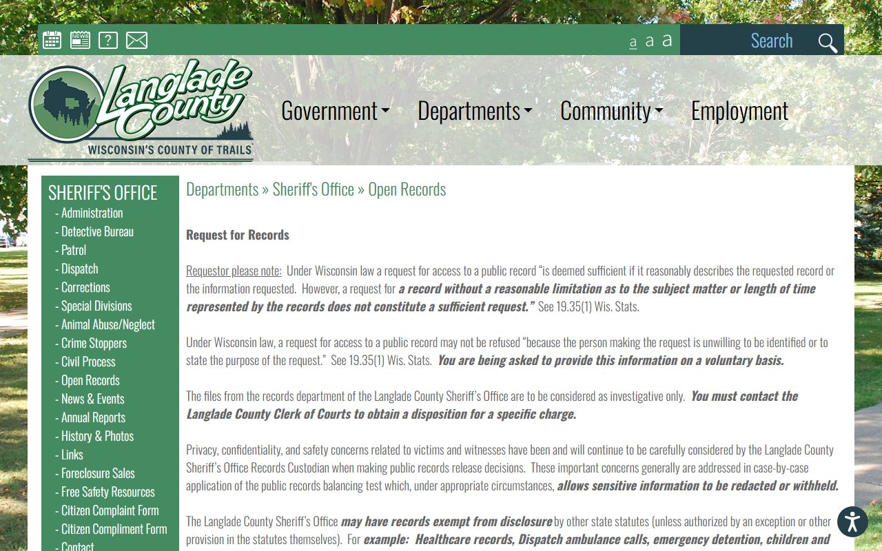 Langlade County jail mugshots open records request page for photographs